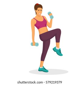 Young woman doing exercise using dumbbell