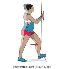 Young Woman Doing Exercise - Wall Calf Stretch - Vector Series