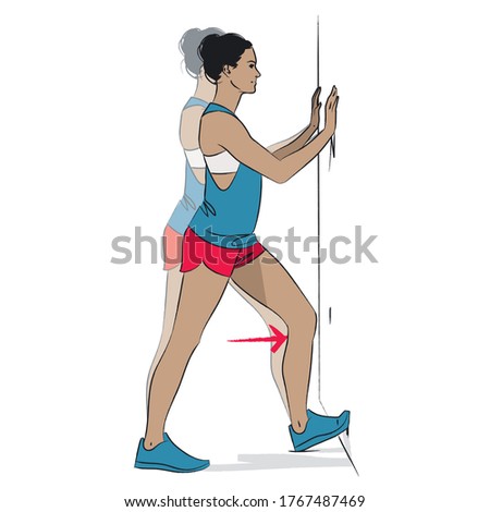 young woman doing exercise - wall calf stretch - vector series