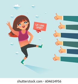 Young woman doing exercise with We Love Sport ribbon. Lots of thumbs up hands. Fitness, sport and healthy lifestyle concept. Vector colorful illustration in flat style.