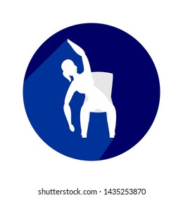 Young woman doing exercises with chair. Circle icon with long shadow and flat vector symbol. 