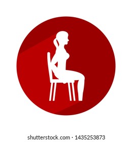 Young woman doing exercises with chair. Circle icon with long shadow and flat vector symbol. 