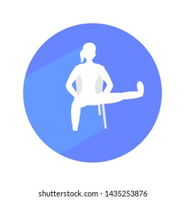 Young woman doing exercises with chair. Circle icon with long shadow and flat vector symbol. 
