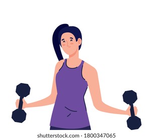 young woman doing exercises with dumbbells, sport recreation exercise vector illustration design