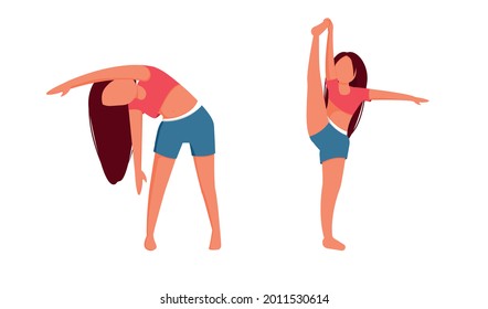 Young woman is doing exercises. The girl is doing gymnastics. Health and active lifestyle concept. Vector illustration in a flat style. Isolated on white background.
