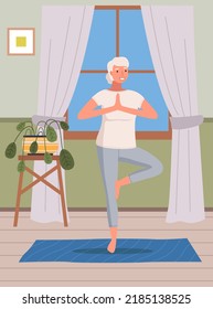 Young woman doing exercises at home. Sporty girl doing yoga, meditating on mat. Sportswoman stretches muscles in apartment. Yogi performs physical exercise. Healthy lifestyle and sports activity