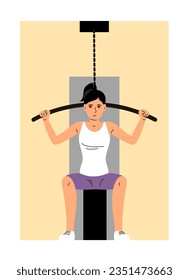 Young woman doing exercises on a sports simulator. Body training and strengthening. Sport, therapy and recovery. Flat vector illustration