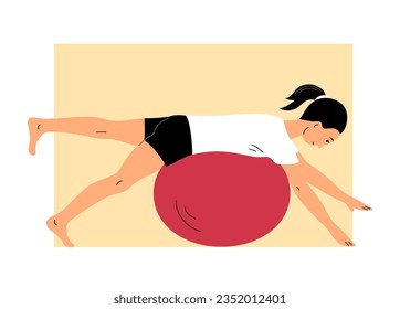 Young woman doing exercises on a gymnastic ball. Balance on the ball. Relaxation and balance. Flat vector illustration