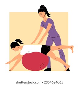 Young woman doing exercises on a gymnastic ball. Physiotherapist girl helps. Balance on the ball. Relaxation and balance. Flat vector illustration