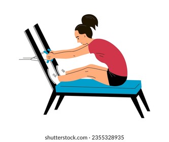 Young woman doing exercises on a sports simulator. Body training and strengthening. Sport, therapy and recovery. Flat vector illustration