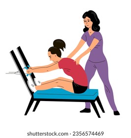 Young woman doing exercises on a sports simulator. Supervision of woman doctor. Physiotherapist and kinesiologist. Body training and strengthening. Sport, therapy and recovery. Vector illustration