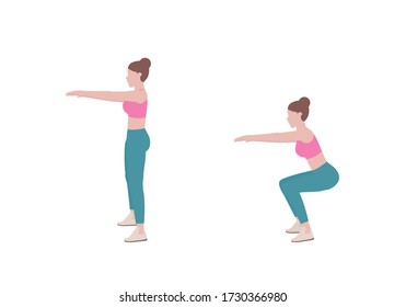 Young woman doing exercises. woman in pink shirt and a blue Long legs. Step by step instruction for doing squats. Sports silhouettes. Fitness and health concepts.