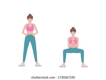 Young woman doing exercises. woman in pink shirt and a blue Long legs. Step by step instruction for doing sumo squats. Sports silhouettes. Fitness and health concepts.