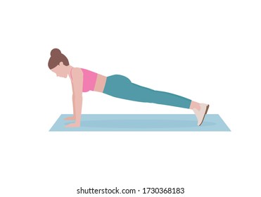 Mujer joven haciendo ejercicios. mujer con camisa rosa y piernas largas azules. Instrucción paso a paso para realizar Placa completa. Silhouettes deportivas. Fitness y conceptos de salud.