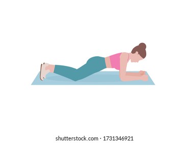 Young woman doing exercises. woman in pink shirt and a blue Long legs. Step by step instruction for doing Knees Plank. Sports silhouettes. Fitness and health concepts.