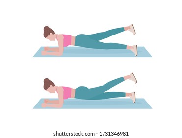 Young woman doing exercises. woman in pink shirt and a blue Long legs. Step by step instruction for doing  Elbow Plank Leg Raises. Sports silhouettes. Fitness and health concepts.