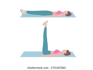 Young woman doing exercises. woman in pink shirt and a blue Long legs. Step by step instruction for doing Double Leg Raise. Isolated vector illustration in cartoon style. Fitness and health concepts.