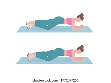 Young woman doing exercises. woman in pink shirt and a blue Long legs. Step by step instruction for doing correct Plank. Sports silhouettes. Fitness and health concepts.