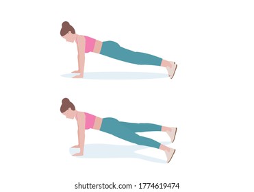 Young woman doing exercises. woman in pink shirt and a Blue Long legs. Step by step instruction for doing Plank Jack. Fitness and health concepts.