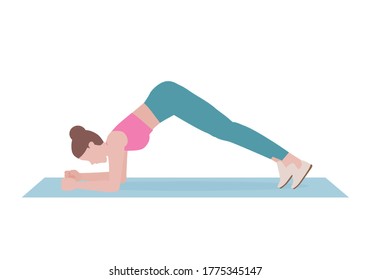 Young woman doing exercises. woman in pink shirt and a blue Long legs. Step by step instruction for doing dolphin-Plank. Sports silhouettes. Fitness and health concepts.