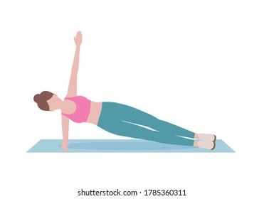 Young woman doing exercises. woman in pink shirt and a blue Long legs. Step by step instruction for doing Side Plank. Sports silhouettes. Fitness and health concepts.