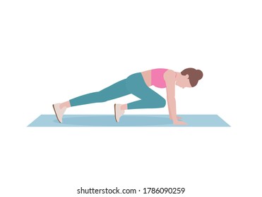 Mujer joven haciendo ejercicios. mujer con camisa rosa y piernas largas azules. Instrucción de 1 paso para hacer alpinistas. Fitness y conceptos de salud. Ilustración vectorial aislada en estilo de dibujos animados.