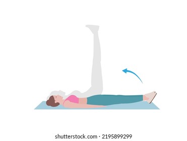 Young woman doing exercises. woman in pink shirt and a blue Long legs. Step by step instruction for doing Double Leg Raise. Isolated vector illustration in cartoon style. Fitness and health concepts.