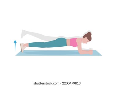 Young woman doing exercises. woman in pink shirt and a blue Long legs. Step by step instruction for doing  Elbow Plank Leg Raises. Sports silhouettes. Fitness and health concepts.