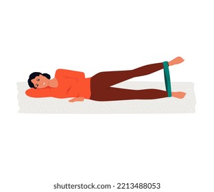 Young woman doing exercises with rubber band.  Girl training with elastic band. Strength-training. Muscle mass. Healthy lifestyle. Flat vector illustration.