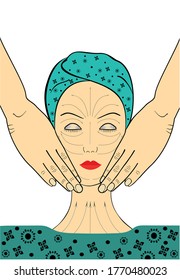 Young woman doing facial massage. Banner. Graphic illustration. Visual aid with lines on the face for self-massage. Spa. Advertising. Painting brush


