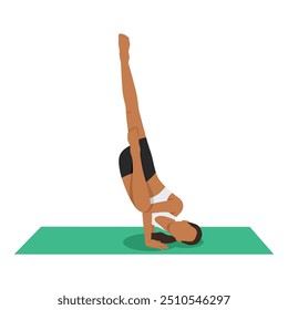 Jovem mulher fazendo Pose Anjo Caído ou exercício de ioga Devaduuta Panna Asana. Ilustração de vetor plano isolada no plano de fundo branco