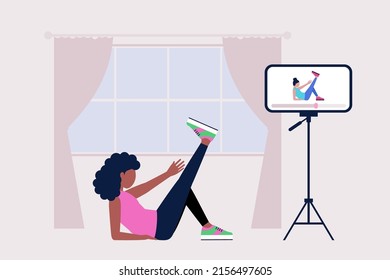 Young woman doing fitness by video. Online workout. Vector illustration in a flat style