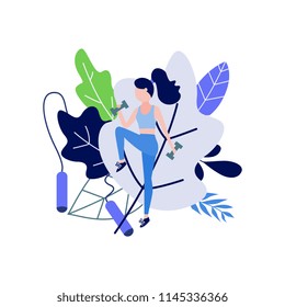 Young woman doing fitness exercises with weights against decorative leaves and jump rope isolated on white background - healthy and sport lifestyle concept in flat vector illustration.