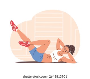 Jovem fazendo ginástica no ginásio. Menina fazendo exercícios para fortalecer os músculos abdominais. Cuidando de uma bela figura e saúde. Ilustração vetorial isolada no plano de fundo branco