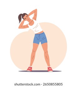 Young woman doing fitness in the gym. Girl does torso bends to strengthen the muscles of the torso. Taking care of a beautiful figure and health. Vector illustration isolated on white background