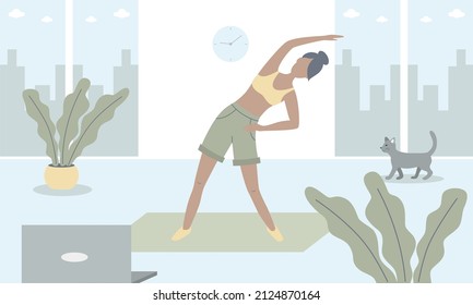 Young woman doing fitness at home on mat. Girl watches online classes on laptop and performs sports exercises. Fashionable flat vector illustration