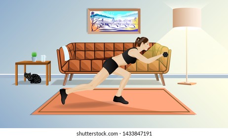 Young woman doing fitness, sport workout in the room, home Interior. View of Living Room with sofa, floor lamp, painting, table. Vector, Illustration.