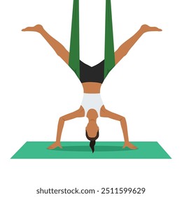 Jovem mulher fazendo cinco pontas de estrela Pose invertido aéreo ou Utthita Tadasana Viparita exercício de ioga aéreo. Ilustração de vetor plano isolada no plano de fundo branco