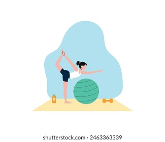 Young woman doing floor exercises using weights on both legs.sport and recreation illustration. Healty life in flat style design.