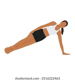 Young woman doing Forearm Side Plank Pose Arm Down or Forearm Vasisthasana Arm Down. Flat vector illustration isolated on white background