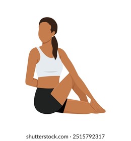 Jovem mulher fazendo Pose Torção Espinhal Completa, Torção Espinhal Sentada ou Poorna Matsyendrasana. Ilustração de vetor plano isolada no plano de fundo branco