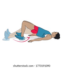 young woman doing glutes exercise - supine hamstring curls with heels on gliders - colour vector series