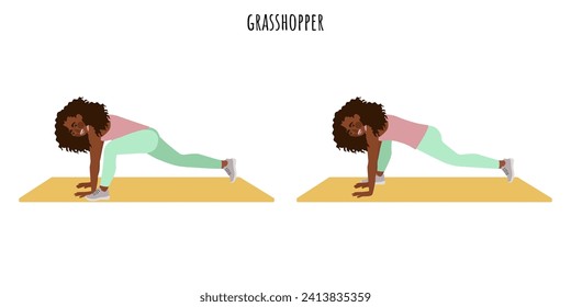 Mujer joven haciendo ejercicio de saltamontes. Feminismo, autoaceptación y libertad. Estilo de vida activo. Deportes, wellness, entrenamiento, fitness. Ilustración vectorial plana