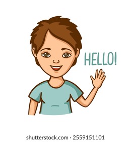 Young Woman Doing Greet Pose and Say Hi and Hello while Smiling. Illustration of a pretty girl with a greeting gesture