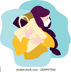 Young woman doing grocery shopping while wearing face mask for protection. Covid, social distance, lifestyle, pandemic concept. Cartoon flat vector illustration.