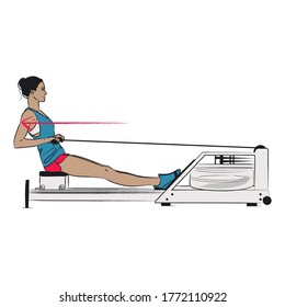 Young Woman Doing Gym Exercise - Water Rowing Machine Correct Form Step 3 Of Four: Recovery Phase - Colour Vector Series