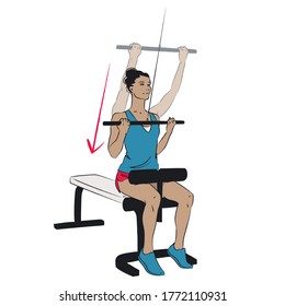 young woman doing gym exercise - supinated lateral bar pulldown sitting on workout bench with underhand grip - colour vector series