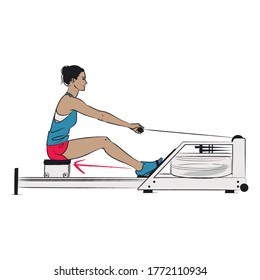 Young Woman Doing Gym Exercise - Water Rowing Machine Correct Form Step Two Of Four: Finish Phase - Colour Vector Series