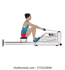 Young Woman Doing Gym Exercise - Water Rowing Machine Correct Form Step One Of Four: Catch Phase - Colour Vector Series