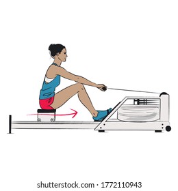 Young Woman Doing Gym Exercise - Water Rowing Machine Correct Form Step Four Of Four: Return Phase - Colour Vector Series